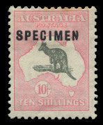 Kangaroos - CofA Watermark : 10/- Grey & Pink, overprinted SPECIMEN (Type C) with additional variety "battered N in overprint" (identified as Sub-type 6 at page 2/15 in BW); mounted Mint; 2 toned perfs at top. An extremely rare variant. BW: $850+++ (not p - 2