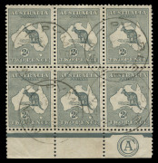 Kangaroos - Third Watermark : 2d Grey Die I Plate 1 'CA' Monogram block of 6, lower-left unit variety "Retouched left frame and shading NW of map" [1L55], well centred, tidy PYMBLE '27MY16' datestamps; BW: 7i - Cat $4000 for mint strip of 3, unpriced used