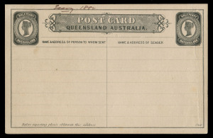 QUEENSLAND - Postal Stationery : POSTAL CARDS - WILLIAM BELL ESSAY: 1880 ½d unissued Reply Postal Card Essay in Black utilising the unissued ½d stamp design of William Bell (void background, corrected 'Q' in 'QUEENSLAND'), with impressions at both the upp
