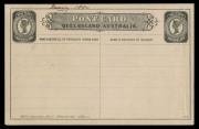 QUEENSLAND - Postal Stationery : POSTAL CARDS - WILLIAM BELL ESSAY: 1880 &frac12;d unissued Reply Postal Card Essay in Black utilising the unissued &frac12;d stamp design of William Bell (void background, corrected 'Q' in 'QUEENSLAND'), with impressions at both the upp