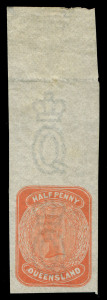 QUEENSLAND - Postal Stationery : POSTAL CARDS: ½d William Bell Essay in orange with vertically-lined background and Reversed 'Q' of QUEENSLAND', on ungummed watermarked paper, marginal example from top of the sheet.