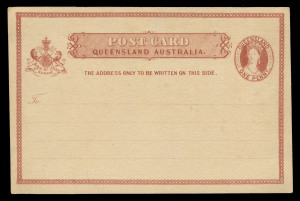 QUEENSLAND - Postal Stationery : POSTAL CARDS: near final Proof of the issued 1d Postal Card in carmine, only lacking the positional lines above and below the heading which were a feature of the issued card. Only known example.