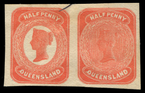 QUEENSLAND - Postal Stationery : POSTAL CARDS: ½d William Bell Essay Se-Tenant Pair in rose-red with void or lined background, both units with Reversed 'Q' of 'QUEENSLAND', on ungummed, unwatermarked paper. Only example known. Ex Besancon.