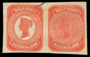 QUEENSLAND - Postal Stationery : POSTAL CARDS: &frac12;d William Bell Essay Se-Tenant Pair in rose-red with void or lined background, both units with Reversed 'Q' of 'QUEENSLAND', on ungummed, unwatermarked paper. Only example known. Ex Besancon.