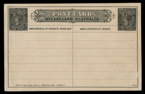 QUEENSLAND - Postal Stationery : POSTAL CARDS: 1880 1d unissued Postal Card Essay in Black with two impressions of the First Sideface 1d Die I in the upper-left or upper-right corners of the card, with identical wording on the face and reverse to the ½d P