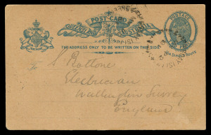 QUEENSLAND - Postal Stationery : POSTAL CARDS: (H&G #5) 1888 2d Postal Cards comprising UPU example with diagonal 'SPECIMEN' handstamp in blue, unused, and used (2) with 1890 (Jan 12) Toowoomba to England and 1891 (May 22) to England with Type 3a THURSDAY ISLAND departure datestamp (rated 3R). Used examples are rare in the correct period of usage. (4)