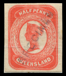 QUEENSLAND - Postal Stationery : POSTAL CARDS: Void Background ½d William Bell Essay in carmine-pink, with corrected 'Q' of QUEENSLAND', on ungummed watermarked paper (adhered to thick card), diagonal 'SPECIMEN' handstamp in blue.