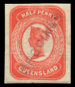 QUEENSLAND - Postal Stationery : POSTAL CARDS: Void Background &frac12;d William Bell Essay in carmine-pink, with corrected 'Q' of QUEENSLAND', on ungummed watermarked paper (adhered to thick card), diagonal 'SPECIMEN' handstamp in blue.