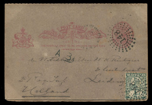 QUEENSLAND - Postal Stationery : POSTAL CARDS: (H&G #7) 1d Reply Postal Cards rare uprated usages comprising 1900 (Nov.29) Thursday Island to Holland with card and the added ½d tied by fine Rays '148' cancels; also 1907 (Aug.24) with card and added ½d adh