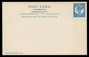 QUEENSLAND - Postal Stationery : POSTAL CARDS: 1911 1d Postal Card Essay in Blue showing an unissued 1d stamp design, with admonition in Italics 'The Address only to be written on this side' beneath 'COMMONWEALTH OF AUSTRALIA', additional instructions "Da