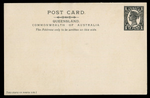 QUEENSLAND - Postal Stationery : POSTAL CARDS: 1911 1d Postal Card Proof in Black showing the issued Four Corners 1d stamp design, with admonition in Italics 'The Address only to be written on this side' beneath 'COMMONWEALTH OF AUSTRALIA', additional in