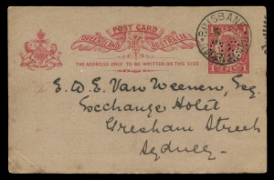 QUEENSLAND - Postal Stationery : POSTAL CARDS - OFFICIAL: 1909 Perf 'OS' Official Postal Cards printed for the Department of Lands utilising the design of the 1d Letter Card (example included), comprising 1910 used examples to Sydney or to Normanton, the latter with a missing puncture hole. Only four cards have been recorded. (3 items)