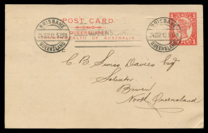 QUEENSLAND - Postal Stationery : POSTAL CARDS - OFFICIAL: 1912 1d Official Post Card unpunctured Essay prepared for the Surveyor-General's Office with the intention of perforating the indicia 'OS' when issued. The essay has been utilized by the Survey Office as a receipt notice and postally used in 1912 (Sep.24) between Brisbane and Bowen. Only known example.
