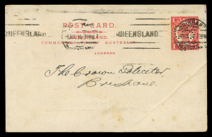 QUEENSLAND - Postal Stationery : POSTAL CARDS - OFFICIAL: 1912 1d Official Post Card punctured Essay with printed 'ADDRESS' below the header, prepared for the Department of Public Lands and utilized by them as an advice notice, the card tied by BRISBANE 5 Nov 1915 machine cancel; corner crease and some age spots. The only known example.