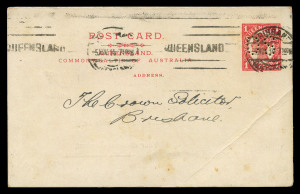 QUEENSLAND - Postal Stationery : POSTAL CARDS - OFFICIAL: 1912 1d Official Post Card punctured Essay with printed 'ADDRESS' below the header, prepared for the Department of Public Lands and utilized by them as an advice notice, the card tied by BRISBANE 5