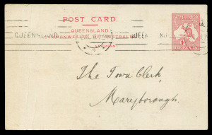QUEENSLAND - Postal Stationery : POSTAL CARDS - OFFICIAL: 1917 1d Official Post Card Kangaroo Design with 'OS' in colourless dots (Type 2, 12 dots 'O', 11 dots 'S') for Department of Public Lands, printed 'ADDRESS' below the header, used to Maryborough in 1917 (Jul.2) with BRISBANE machine cancel; some creasing/wrinkling at left. The only known example.