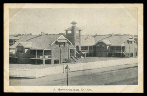 QUEENSLAND - Postal Stationery : POSTAL CARDS (VIEWS) - OFFICIAL: Advice Card 'Proof' for the Department of Public Instruction with black & white view 'A Metropolitan School', without stamp impression, postally used with 'PAID/BRISBANE/29AP15' datestamp, typed address to "State School,Coominya"; some light staining. This is one of the 10 known views recorded on 'PAID' Cards.