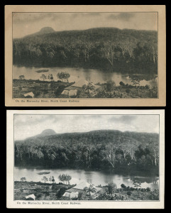 QUEENSLAND - Postal Stationery : POSTAL CARDS (VIEWS): 1910 Four Corners View Card Proof on sepia-toned card, "G1579/10" printer's endorsement on reverse, black & white view 'On the Maroochy River, North Coast Railway', 'A.J. CUMMING. GOVT PRINTER' imprint along the dividing line; also the issued card and a second card with view 'Bundaberg from the Water Tower, South Queensland'. The only proof known of this view. (3 items)