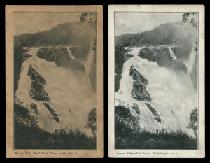 QUEENSLAND - Postal Stationery : POSTAL CARDS (VIEWS): 1910 Four Corners View Card Proof on sepia-toned card, black & white view 'Barron Falls-Half Flood. Total height 800ft', 'A.J. CUMMING. GOVT PRINTER' imprint along the dividing line; also the issued card and two other cards one with view 'In the Botanic Gardens, Brisbane', the other showing 'Kamerunga State Nursery, Near Cairns, North Queensland,' the latter card (some age staining) with Madagascar specimen cachet. (4 items)