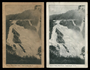 QUEENSLAND - Postal Stationery : POSTAL CARDS (VIEWS): 1910 Four Corners View Card Proof on sepia-toned card, black & white view 'Barron Falls-Half Flood. Total height 800ft', 'A.J. CUMMING. GOVT PRINTER' imprint along the dividing line; also the issued c