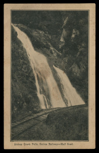 QUEENSLAND - Postal Stationery : POSTAL CARDS (VIEWS): 1910 Four Corners View Card Proof on sepia-toned card, black & white view 'Stoney Creek Falls, Cairns Railway - Half Flood', 'A.J. CUMMING. GOVT PRINTER' imprint along the dividing line; some age spotting/staining; also the issued card, unused. The only proof known. (2 items)