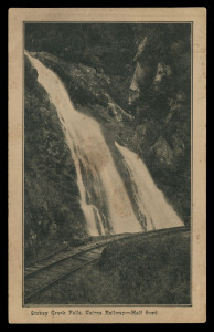 QUEENSLAND - Postal Stationery : POSTAL CARDS (VIEWS): 1910 Four Corners View Card Proof on sepia-toned card, black & white view 'Stoney Creek Falls, Cairns Railway - Half Flood', 'A.J. CUMMING. GOVT PRINTER' imprint along the dividing line; some age spot