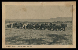 QUEENSLAND - Postal Stationery : POSTAL CARDS (VIEWS): 1910 Four Corners View Card Proof on sepia-toned card, black & white view 'Hauling Cedar, Atherton-Cairns Railway', 'A.J. CUMMING. GOVT PRINTER' imprint along the dividing line; some minor staining. U