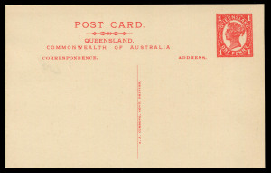 QUEENSLAND - Postal Stationery : POSTAL CARDS: (H&G #19) 1911 1d Four Corners stamp design, Dividing Line on address side with 'A.J. CUMMING. GOVT PRINTER' imprint alongside, without a view on reverse and rare thus. Only 3 or 4 examples recorded.