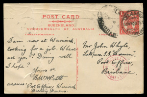 QUEENSLAND - Postal Stationery : POSTAL CARDS: (H&G #19) 1911 1d Four Corners stamp design, Dividing Line on address side with 'A.J. CUMMING. GOVT PRINTER' imprint alongside, without view on reverse; postally used with 'TPO 4 S&W RLY/DOWN/29DE10' datestamp and 'UNCLAIMED/BRISBANE' oval datestamp. The only known used example.