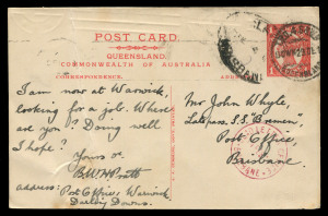 QUEENSLAND - Postal Stationery : POSTAL CARDS: (H&G #19) 1911 1d Four Corners stamp design, Dividing Line on address side with 'A.J. CUMMING. GOVT PRINTER' imprint alongside, without view on reverse; postally used with 'TPO 4 S&W RLY/DOWN/29DE10' datestam