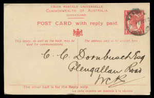 QUEENSLAND - Postal Stationery : POSTAL CARDS - WITH REPLY: (H&G #20) 1910 UPU 1d Four Corners stamp design, Dividing Line on address sides, comprising unused, specimen example with 'COLLECTION/DE/BERNE/MADAGASCAR' cachet on both halves, plus two rare commercially used examples, one being the only recorded use of a Reply Half. (4 items).