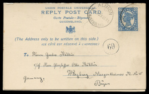 QUEENSLAND - Postal Stationery : POSTAL CARDS - WITH REPLY: (H&G #21) 1910 UPU 1½d Reply Postal Cards comprising unused, specimen examples (2), one a Reply Half with BRISBANE CTO cancel the other an Outward Half with 'COLLECTION/DE/BERNE/MADAGASCAR' cachet, plus a 1911 (Sep.29) use of Reply Half from Albion to Bavaria, being the only recorded non-philatelic use of a Reply Half. (4 items) The used card alone previously sold for $1380 (incl. comms) at a May 2008 Melbourne auction.