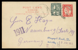 QUEENSLAND - Postal Stationery : POSTAL CARDS: 1910-11 (H&G #17-18) 1d Postal Cards (3) uprated by Post Office in 1915 to meet a shortage of 1½d Cards, comprising Without 'ADDRESS' & With 'ADDRESS' (KGV ½d Green added), both unused, plus Without 'ADDRESS' with Qld ½d added, postally used from Albion to Germany. (3)