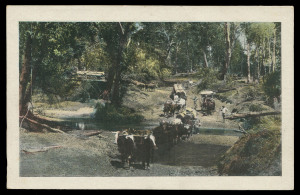 POSTAL CARDS (VIEWS): 1910 Four Corners View Card Proof with uncaptioned colour image of 'Hauling Timber, Neurum Creek, South Queensland', 'A.J. CUMMING. GOVT PRINTER' imprint along the dividing line; also the issued card with a captioned black & white im