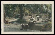POSTAL CARDS (VIEWS): 1910 Four Corners View Card Proof with uncaptioned colour image of 'Hauling Timber, Neurum Creek, South Queensland', 'A.J. CUMMING. GOVT PRINTER' imprint along the dividing line; also the issued card with a captioned black & white im