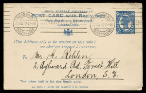 QUEENSLAND - Postal Stationery : POSTAL CARDS - WITH REPLY: (H&G #21) 1910 UPU 1½d Reply Postal Cards used (3) comprising 1912 (Nov. 27) rare commercially used example from Brisbane to London; also 1913 (Mar. 5) Brisbane to Germany and 1913 (Nov.2) Maryborough to Germany (outward half only). (3 items) Only 5000 were printed, and usage was extremely limited, Collas states "used copies...are particularly difficult to obtain". In fact the vendor has recorded only 3 genuine commercial
