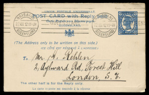 QUEENSLAND - Postal Stationery : POSTAL CARDS - WITH REPLY: (H&G #21) 1910 UPU 1½d Reply Postal Cards used (3) comprising 1912 (Nov. 27) rare commercially used example from Brisbane to London; also 1913 (Mar. 5) Brisbane to Germany and 1913 (Nov.2) Marybo