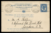 QUEENSLAND - Postal Stationery : POSTAL CARDS - WITH REPLY: (H&G #21) 1910 UPU 1&frac12;d Reply Postal Cards used (3) comprising 1912 (Nov. 27) rare commercially used example from Brisbane to London; also 1913 (Mar. 5) Brisbane to Germany and 1913 (Nov.2) Marybo