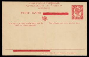 QUEENSLAND - Postal Stationery : POSTAL CARDS - PROVISIONAL USE OF SEPARATED REPLY CARDS: (BW:P35) 1917 Four Corners 1d Red Outward Half, "with reply paid" & "The other half is for the reply only" obliterated by the Government Printer J.B.Cooke, undercatalogued at $6000. Only 4 known. A great rarity.