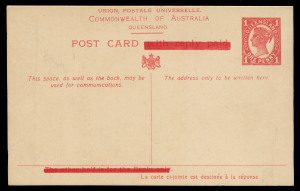 QUEENSLAND - Postal Stationery : POSTAL CARDS - PROVISIONAL USE OF SEPARATED REPLY CARDS: (BW:P35) 1917 Four Corners 1d Red Outward Half, "with reply paid" & "The other half is for the reply only" obliterated by the Government Printer J.B.Cooke, undercata