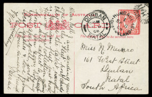 QUEENSLAND - Postal Stationery : POSTAL CARDS - FLEET CARDS: 1908 Four Corners 1d Fleet Card unused (2), plus 1908 (Sep.8) overseas postal use from Bundaberg to South Africa and 1908 (Sep.24) Charters Towers local use. (4)