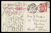 QUEENSLAND - Postal Stationery : POSTAL CARDS - FLEET CARDS: 1908 Four Corners 1d Fleet Card unused (2), plus 1908 (Sep.8) overseas postal use from Bundaberg to South Africa and 1908 (Sep.24) Charters Towers local use. (4)