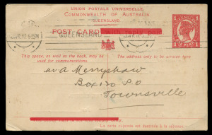 QUEENSLAND - Postal Stationery : POSTAL CARDS - PROVISIONAL USE OF SEPARATED REPLY CARDS: (BW:P35) 1917 Four Corners 1d Red Outward Half, "with reply paid" & "The other half is for the reply only" obliterated by the Government Printer J.B.Cooke, printed notice of reverse for 'The Telegraph Newspaper Company', 1917 (Apr.10) postal use from Brisbane to Townsville, Cat. $6000. Only 2 known. Another great rarity.