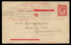 QUEENSLAND - Postal Stationery : POSTAL CARDS - PROVISIONAL USE OF SEPARATED REPLY CARDS: (BW:P35) 1917 Four Corners 1d Red Outward Half, "with reply paid" & "The other half is for the reply only" obliterated by the Government Printer J.B.Cooke, printed n