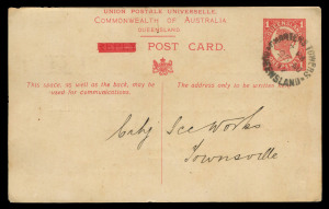 QUEENSLAND - Postal Stationery : POSTAL CARDS - PROVISIONAL USE OF SEPARATED REPLY CARDS: (BW:P36) 1917 Four Corners 1d Red Reply Half, "REPLY" obliterated by the Government Printer J.B.Cooke, printed notice of reverse for 'Elliott Bros' (merchants), 1917 (Aug.25) postal use from Charters Towers to Townsville, Cat. $6000. The only known example!