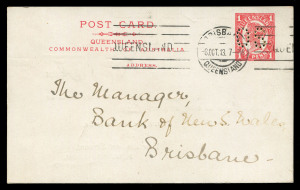 QUEENSLAND - Postal Stationery : POSTAL CARDS - OFFICIAL: 1912 Four Corners 1d perforated 'OS' for the Department of Public Lands in 1913, comprising 1913 (Oct.8) and 1914 (Jul.14) usages, both used locally with BRISBANE Krag machine cancels, the former being the earliest recorded date of use; also a perf 'OS' cut-out and an unpunctured card with same text setting but with 'A' of 'ADDRESS' under 'O' of 'OF' (punctured cards have 'A' of 'ADDRESS' under gap between 'O' & 'F'); fine condition. (4 i