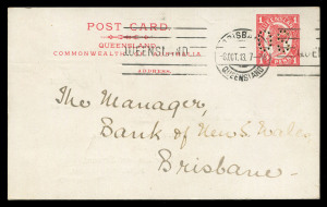 QUEENSLAND - Postal Stationery : POSTAL CARDS - OFFICIAL: 1912 Four Corners 1d perforated 'OS' for the Department of Public Lands in 1913, comprising 1913 (Oct.8) and 1914 (Jul.14) usages, both used locally with BRISBANE Krag machine cancels, the former b