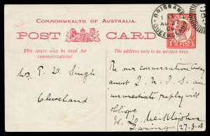 QUEENSLAND - Postal Stationery : POSTAL CARDS - FLEET CARDS: 1908 (Aug.27) use of Four Corners 1d Fleet Card from Brisbane to Cleveland, being the earliest recorded date of use, the message entered to the wrong side of the dividing line, contrary to postal regulations, but not taxed; also another card with 1908 (Sep.12) dated message, with no postal markings, as sent under cover as a souvenir. (2 items)