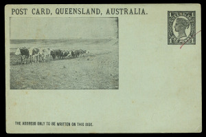 QUEENSLAND - Postal Stationery : POSTAL CARDS (VIEWS): 1898 1d Four Corners Post Card Essay Proof on thick green stock (pen line through stamp), uncaptioned image of 'Bullock-ploughing, Darling Downs'; accompanied by the issued Medallion Portrait 1½d deno