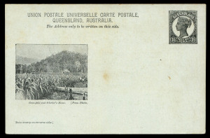 QUEENSLAND - Postal Stationery : POSTAL CARDS (VIEWS): 1898 1½d Medallion Portrait Post Card Essay Proof on thick pale blue-green stock (light age spots), captioned image of 'Cane-field and Selector's House'; plus the issued design used in 1903 from Brisb
